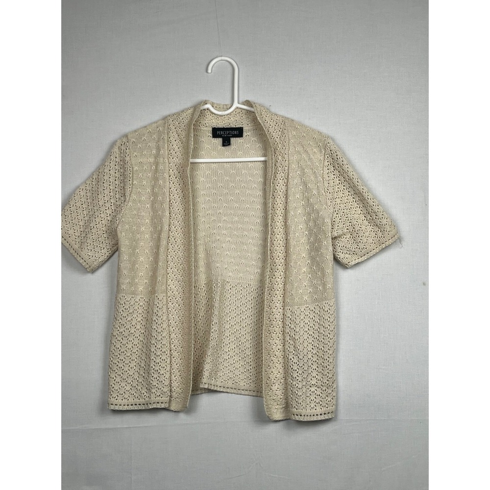 Perceptions New York Cardigan Sweater Womens Small Cream Short Sleeve Open Front